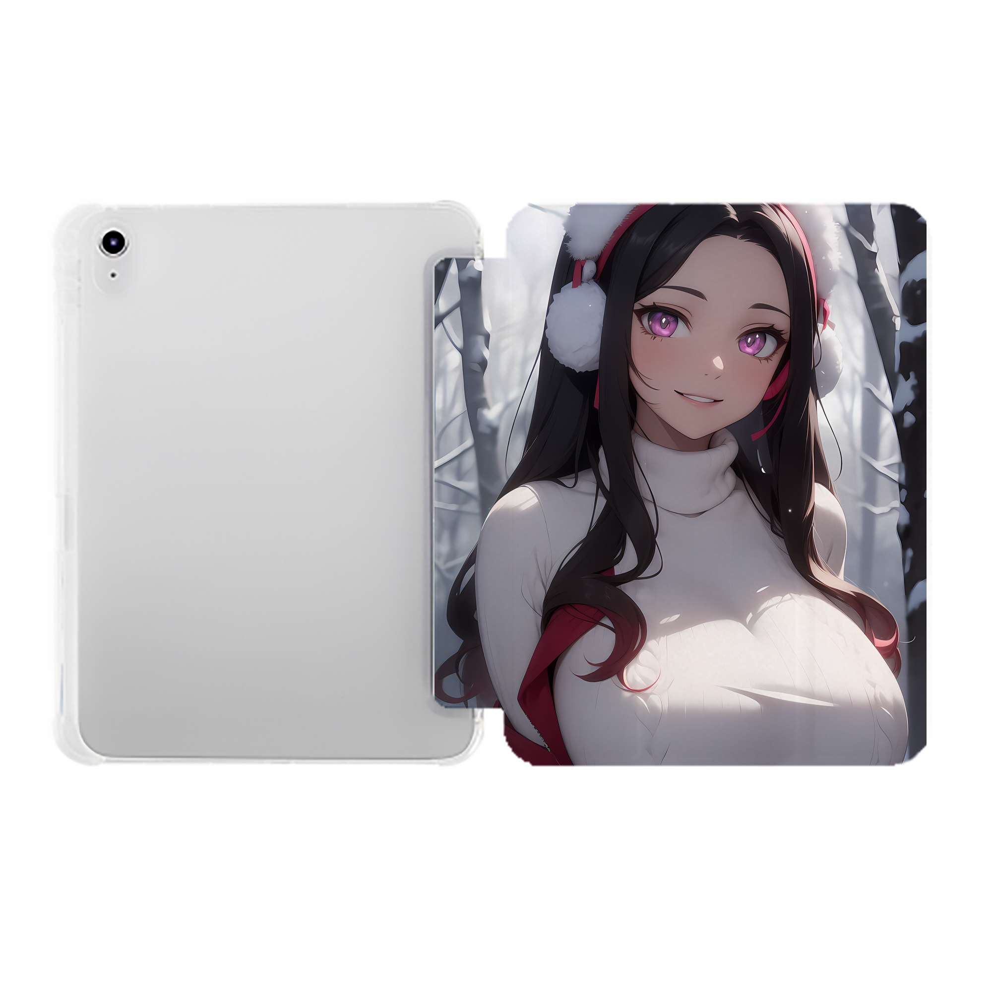 （画像用） 鬼滅の刃（きめつのやいば）竈門 禰󠄀豆子／かまど ねずこ Kamado Nezuko IPad ケース ペン収納付き 三つ折りスタンド PUレザー×シリコン 対応機種9.5/10.5/10.9インチ